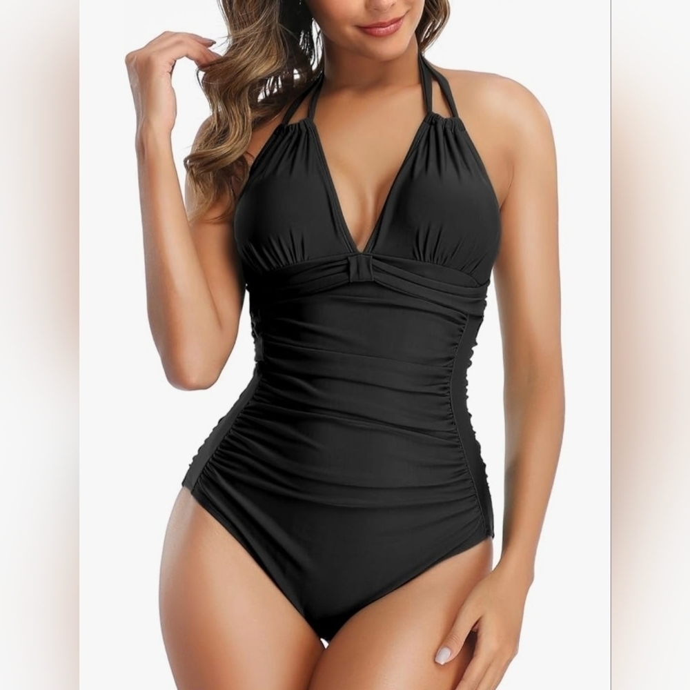 Black 1-Piece Swimsuit ◇ Halter Tie ◇ Ruching ◇ Medium ◇ Hanna Nikole ◇ NWT